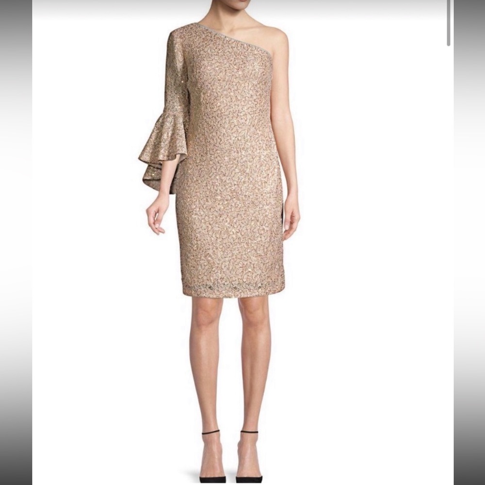 NWT Calvin Klein Beige Sequined One-Shoulder Dress Bell Sleeve